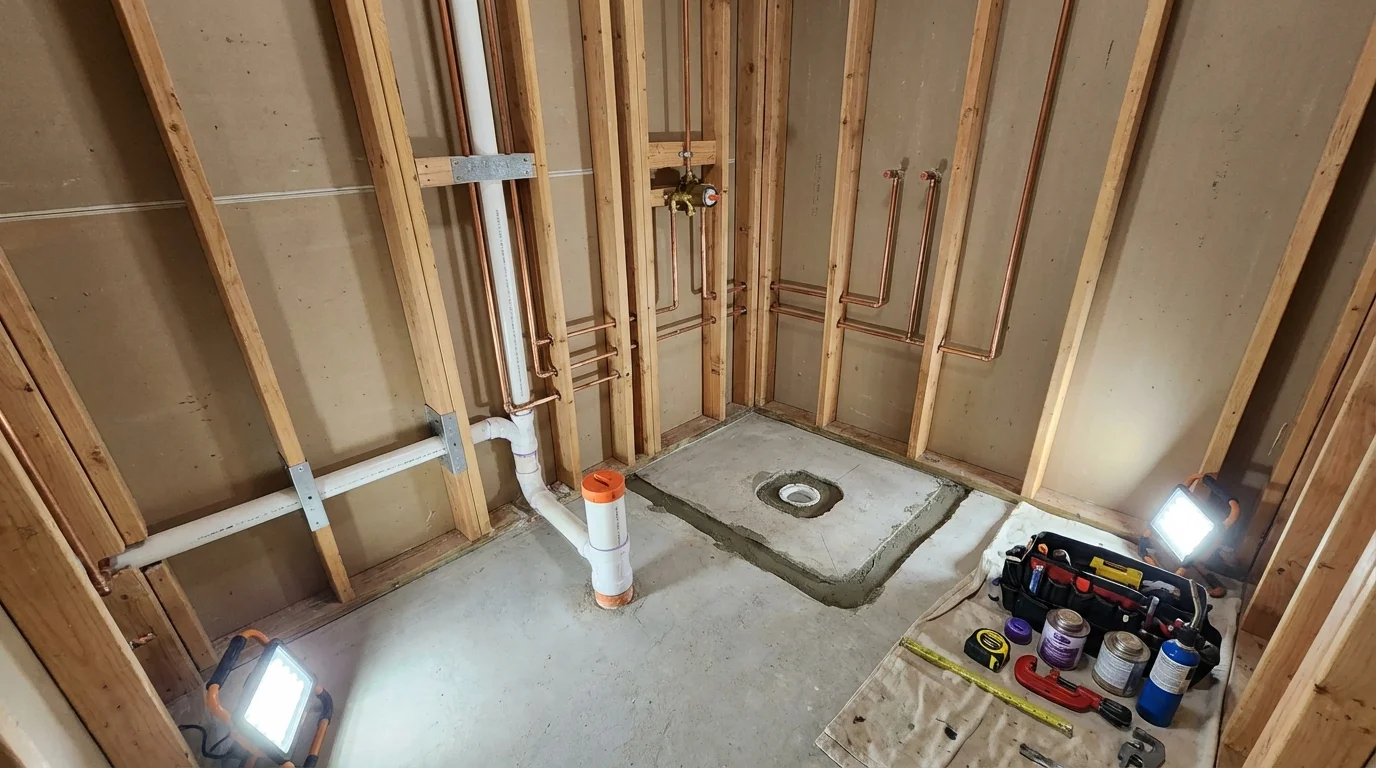 Bathroom rough-in plumbing during remodel by Johns Plumbing LLC in Etowah