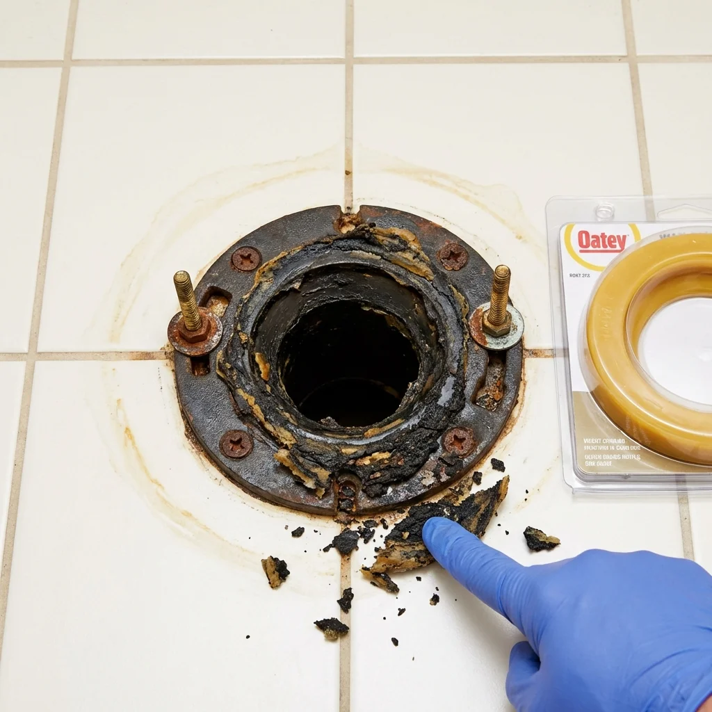 Failed wax ring showing water seepage at the base of a toilet in a Etowah, NC home