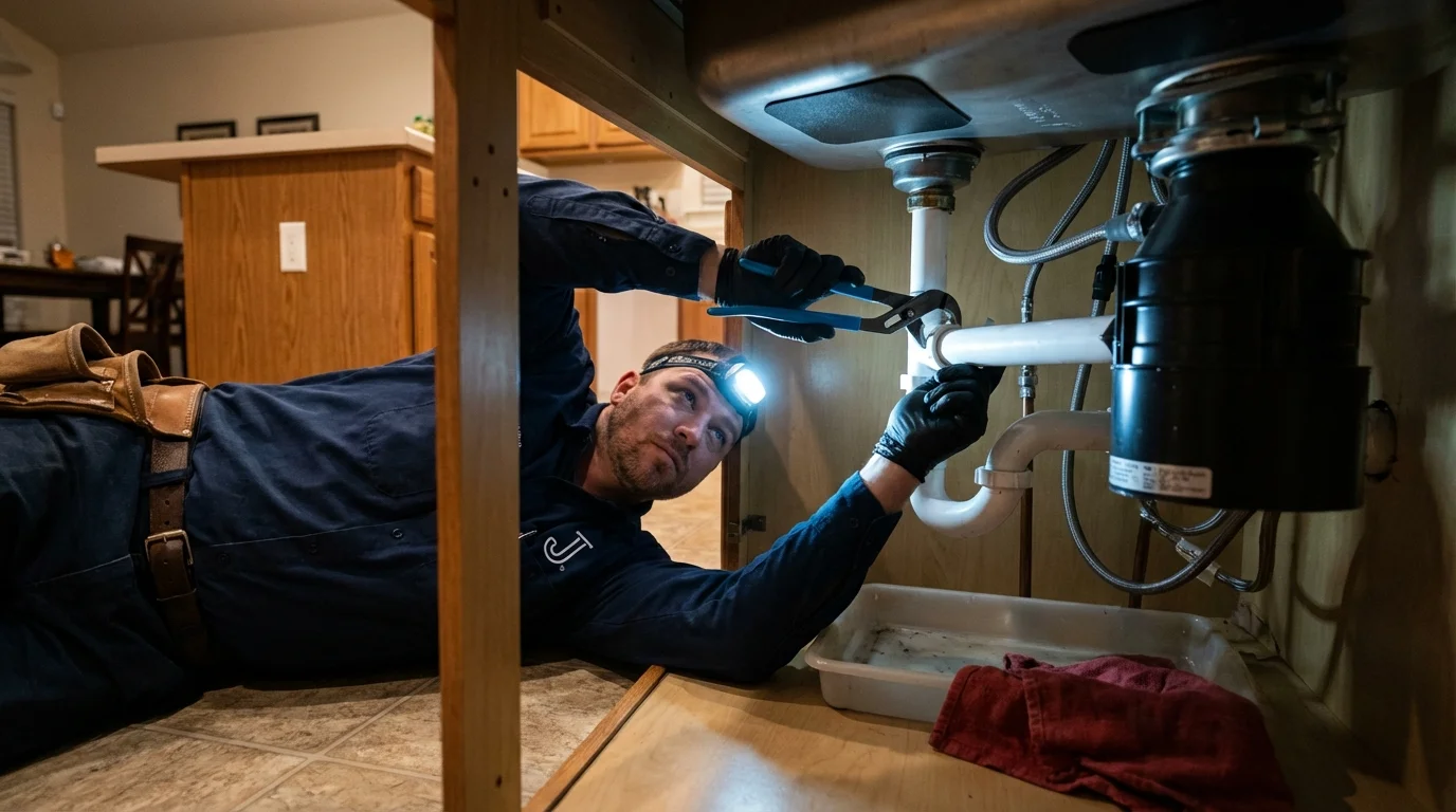 P-trap and supply line connections under a kitchen sink showing a common leak point in Etowah, NC